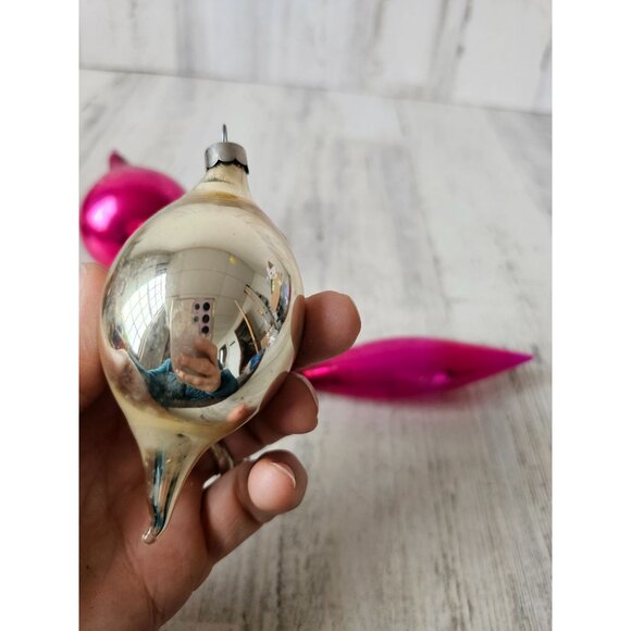 Antique silver pink mercury glass ornament teardrop set Xmas tree - Picture 10 of 16